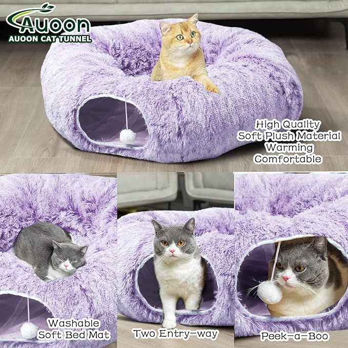 AUOON Cat Tunnel Bed for Indoor Cats - Christmas Tree Cat Tunnel, Circle Peekaboo Cat Cave with Washable Mat for Indoor Cats Kitten Kitty Puppy Rabbit Ferret (Purple)