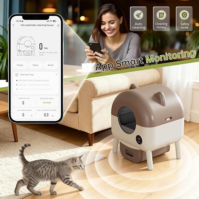 Greesum 76L Large Capacity Fully Enclosed Automatic Litter Box, Cat Ear Design with Garbage Bags Aroma Box and Brush for Multi - Cat Families (Brown)