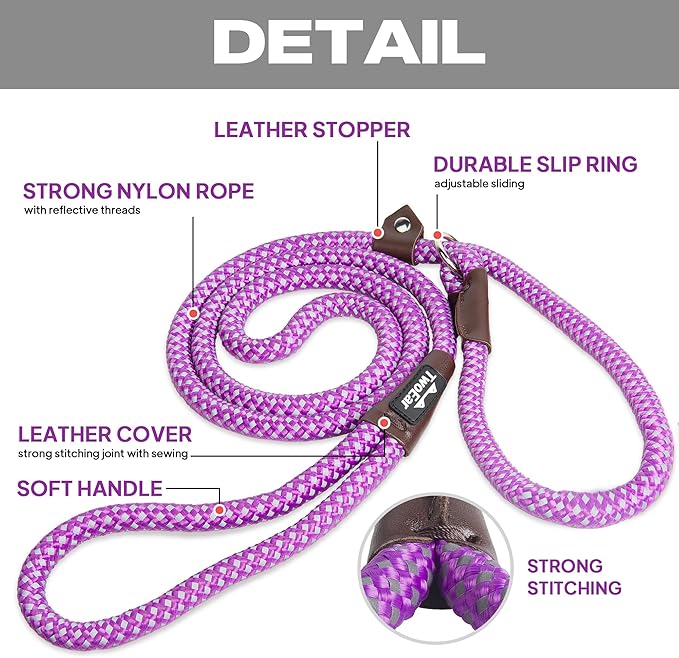 TwoEar Dog Slip Rope Leash - 6FT Heavy Duty Training Leash with Reflective Threads for Small to Large Dogs (Slim(3/8''x6ft), Purple)