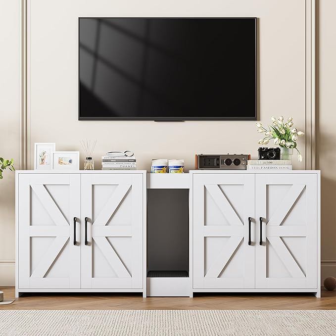 55" Cat Litter Box Enclosure, Double Litter Box Cabinet with Cat Bed, PVC Pad and Scratch Pad, Hidden Litter Box Furniture for 2 Cats with Storage and 2 Entrances, White