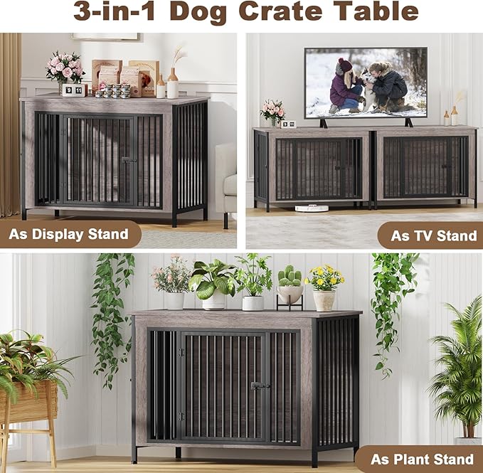 EasyCom Dog Crate Furniture for 1 or 2 Dogs, Heavy Duty Single/Double Dog Crates for Small/Medium/Large Dogs, Dog Kennel Furniture Indoor as TV Stand, Extra Large Size 47.24" L(65-92 Pounds), Oak Grey