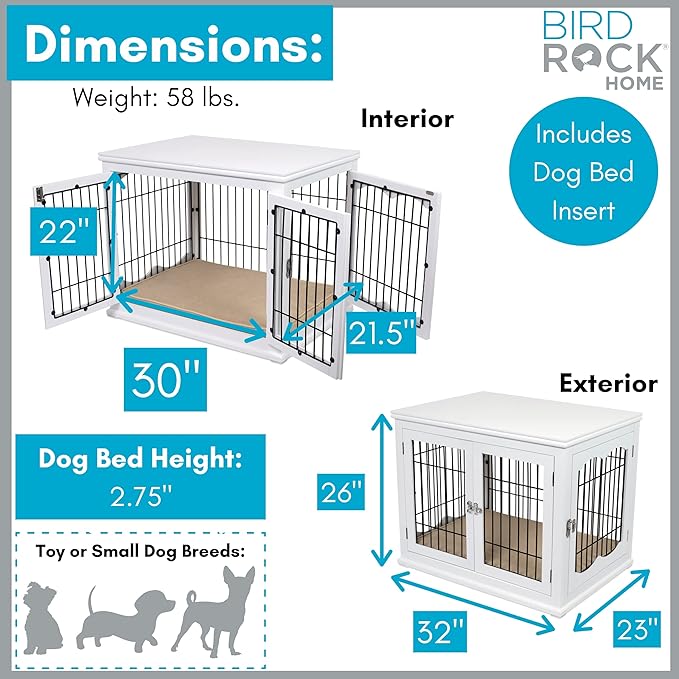 BIRDROCK HOME Decorative Dog Kennel with Pet Bed - Small Indoor Pet Crate, Double Door Design, Engineered Wood & Metal Wire, Furniture-Style House for Small Dogs, Side Table or Nightstand, White