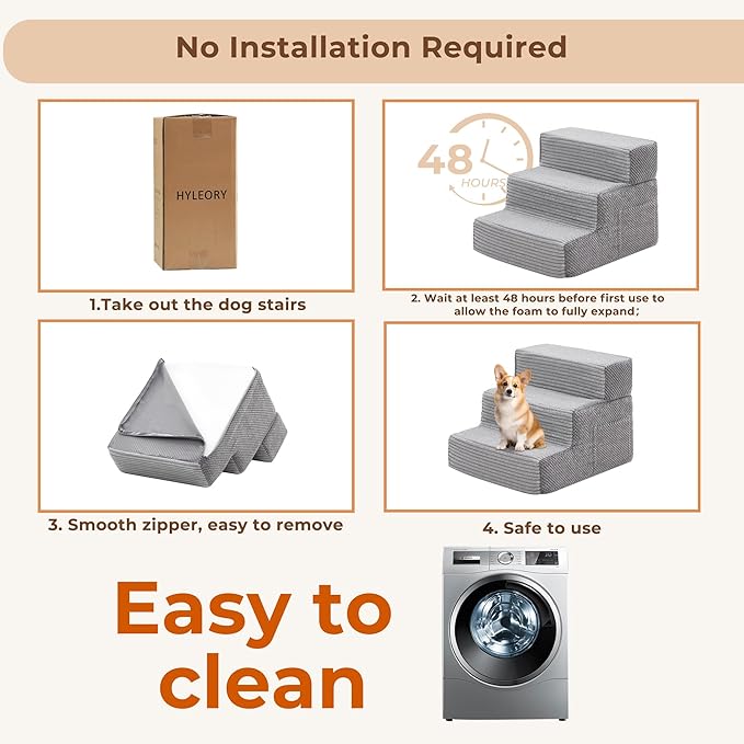 HYLEORY Dog Stairs for Bed 13.5''H, 3-Step Pet Stairs for Small Dogs & Cats, Sturdy Pet Steps with Non-Slip Bottom, Functional Portable Dog Ramp for Couch/Chair/Sofa/Car, Storage Pocket, Light Grey