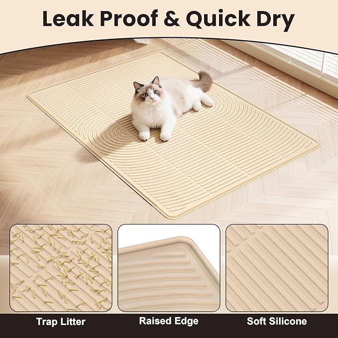 Cat Litter Mat, 40" x 28" Extra Large Silicone Litter Box Mat for Floor, Pet Trapping Litter Rug Pad, Soft Cat Paws, Easy to Clean, Waterproof/Urine-Proof, Garbage Recyclable (Khaki)