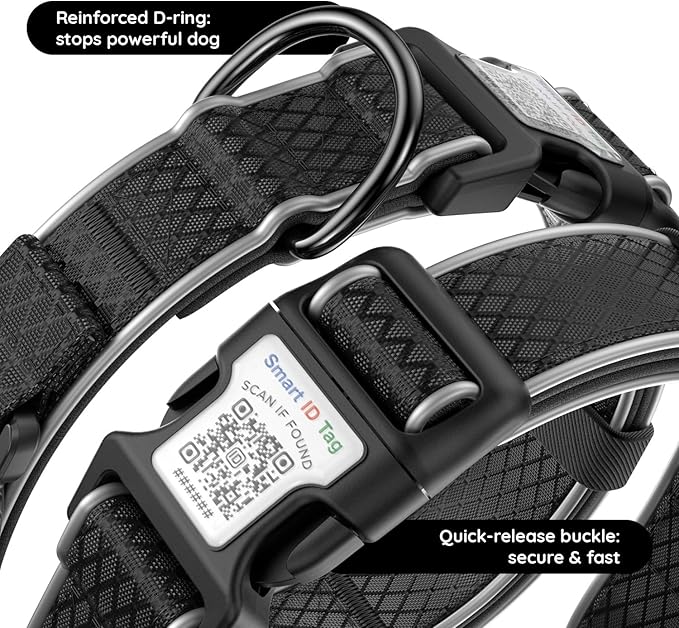 AirTag Dog Collar with QR Code ID & Waterproof Holder - Reflective, Durable Padded Oxford Collar Compatible with Apple AirTags for Medium Dogs (Black, M)