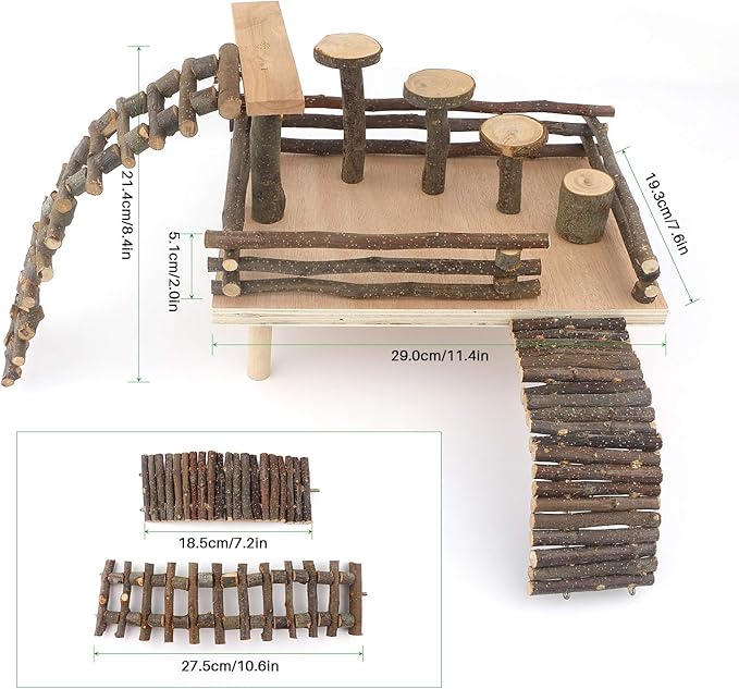 HOSUKKO Hamster Climbing Toys - Wooden Activity Set with Large Bridge, Apple Wood Chewing Toys for Small Pets