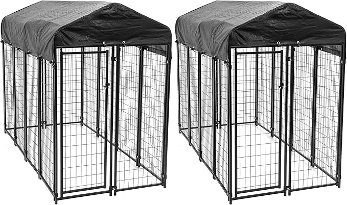 Lucky Dog Large Outdoor Dog Kennel Playpen Crate with Heavy Duty Welded Wire Frame and Waterproof Canopy Cover, Black, (2 Pack)