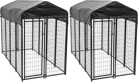Lucky Dog Large Outdoor Dog Kennel Playpen Crate with Heavy Duty Welded Wire Frame and Waterproof Canopy Cover, Black, (2 Pack)
