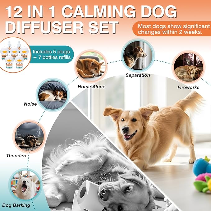 Dog Calming Pheromones Diffuser to Calm Pet 12 in 1 Advanced Kit Appeasing Pheromone for Anxiety Relief (5 Plug in+7 Pack 48ml Refill) Reduce Aggression Fighting Barking Stress (Tasteless)