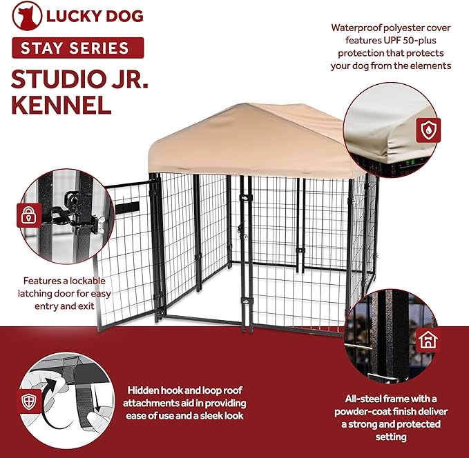 Lucky Dog Stay Series 4 by 4 by 4.3 Feet Studio Jr. Black Powder Coat Steel Frame Outdoor Dog Kennel with Waterproof Canopy Roof and Gate Door, Khaki