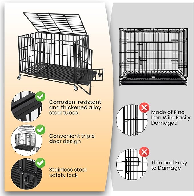Garvee 49 Inch Heavy Duty Dog Crate, Metal Escape Proof Dog Kennel Indoor with 3 Doors, Removable Tray, Extra Large Dog Cage with Wheels for Large and Medium Dogs, Black