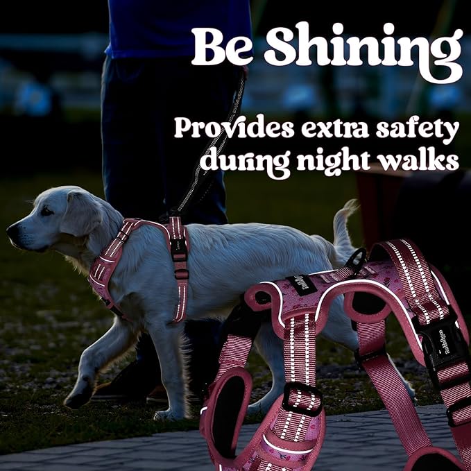rabbitgoo Dog Harness for Large, No Pull Pet Harness with 3 Buckles, Adjustable Soft Padded Vest with Control Handle, Walking Reflective Pet Vest for Large Dogs, Floral Pink, L