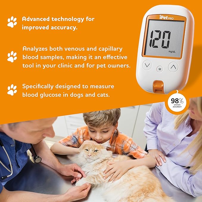 iPet PRO Blood Glucose Monitoring System Designed for Dogs & Cats| Includes Meter, 2 AA Batteries, User Guide, Log Book, 25 Test Strips, Control Solution, Lancing Device, 30 28G Lancets, Carrying Case