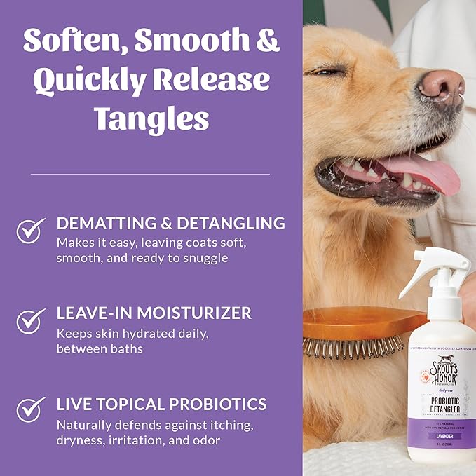 Skout's Honor Probiotic Pet Detangler Spray - Hydrating & Conditioning with Avocado Oil, 97% Natural, Paraben & Sulfate-Free, softens for a More brushable Coat, Daily Use, 8oz, Lavender, 2-Pack