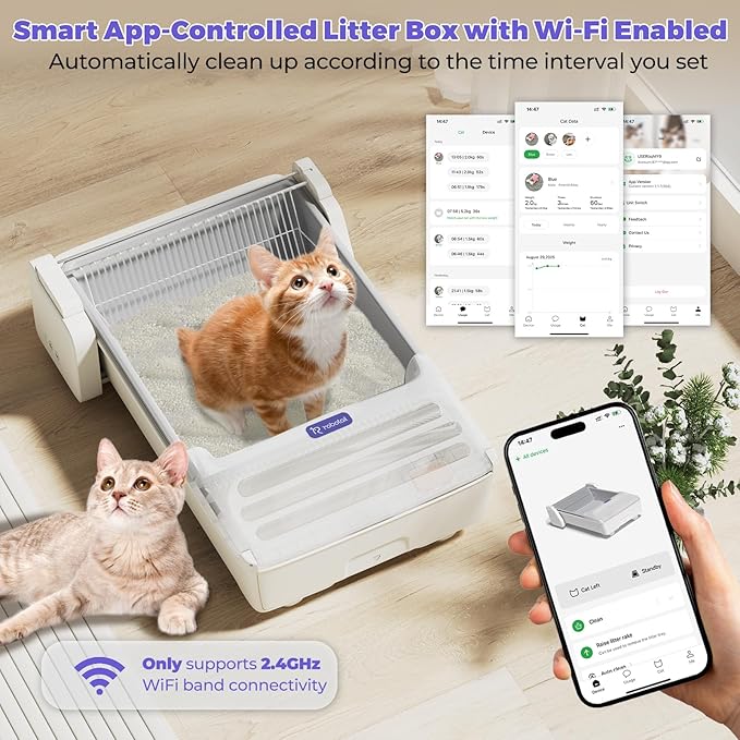 Self Cleaning Litter Box, 2025 Upgraded Open-Top Automatic Cat Litter Box for Multiple Cats, Weight Sensors Safety Protection/App Control/Odor Control/Easy Clean (White)