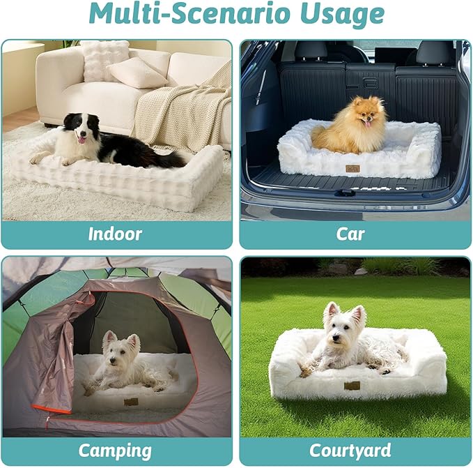 Faux Rabbit Fur Orthopedic Dog Bed, Dog Bed for Medium Size, Supportive Foam Pet Sofa with Waterproof Lining Cover, Washable U-Shaped Pet Couch with Anti-Slip Bottom, Beige M 30x20x6.5 inch