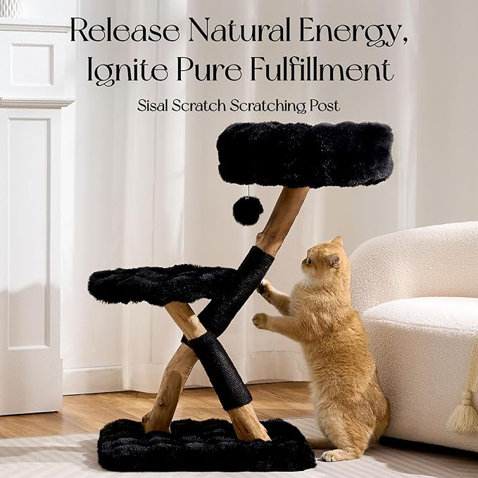 Solid Wood Cat Tree, Modern Cat Tree Tower for Large Indoor Cats, Natural Real Pear Wooden Aesthetic Cat Condo with Scratching Post for Adult Kittens-Black