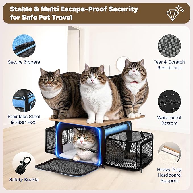 Top and 2 Sides Expandable Large Cat Carrier 18x13.5x9.5, TSA Airline Approved Dog Carriers for Large Dogs, Soft-Sided Pet Carrier with Self-Locking Zippers for Kitten,Rabbit, Puppy, Guinea Pig Blue
