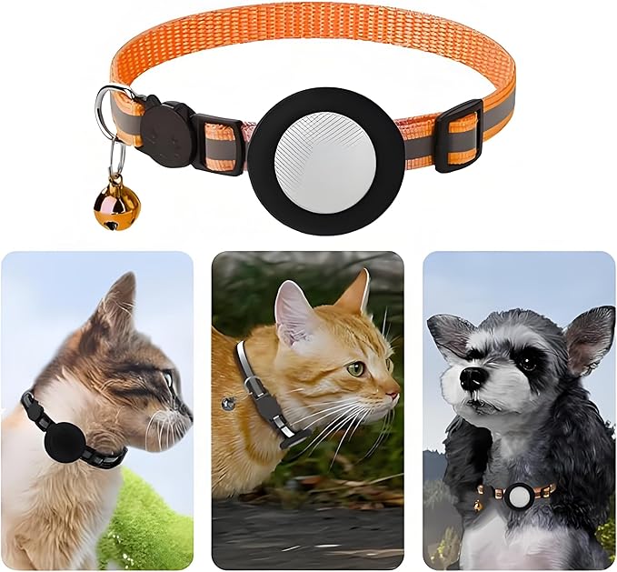 No Monthly Fee, GPS Alternative for Dogs & Cats, Adjustable PU Leather, Real-Time Tracking (Black Anti-Loss Device, Small Orange Scarf)