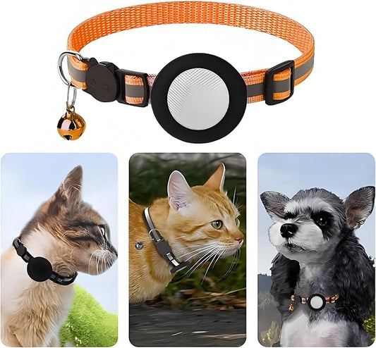 No Monthly Fee, GPS Alternative for Dogs & Cats, Adjustable PU Leather, Real-Time Tracking (Black Anti-Loss Device, Small Orange Scarf)