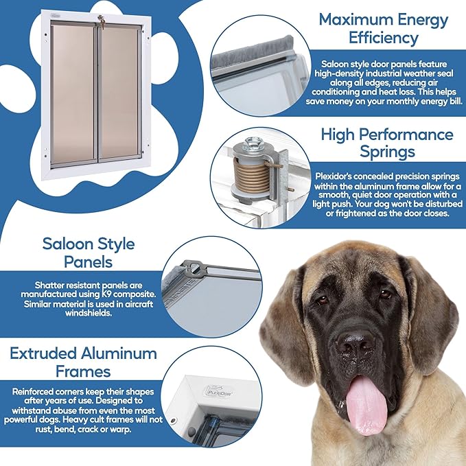 PlexiDor Performance Pet Doors for Dogs and Cats - Door Mount Dog Door with Lock and Key - White, X-Large Sizes