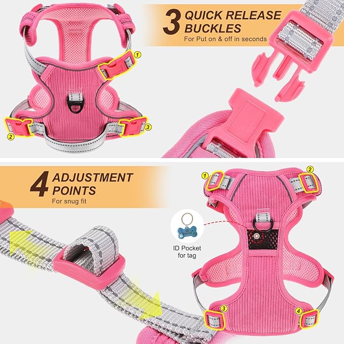 BEAUTYZOO No Pull Dog Harness Large, Adjustable Dog Harness and Leash Set -Easy Wearing with 3 Buckles/Control Handle,No Choke Soft Padded Reflective Pet Vest for Training Walking Hiking,Rose S