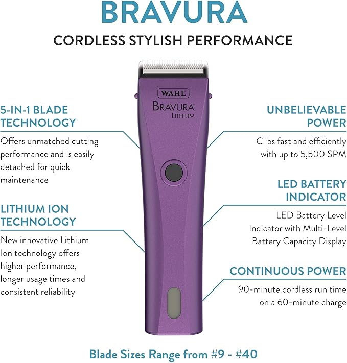 Wahl Professional Animal Bravura Pet, Dog, Cat, and Horse Corded/Cordless Clipper Kit, Purple (#41870-0423)