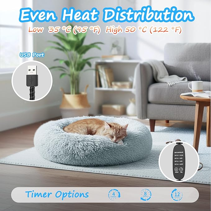 Heated Cat Bed for Indoor Cats, 23-inch Cozy Donut with USB Power, Adjustable Temperature & Timer, Machine Washable Cover for Small & Medium Cats (Light Gray)