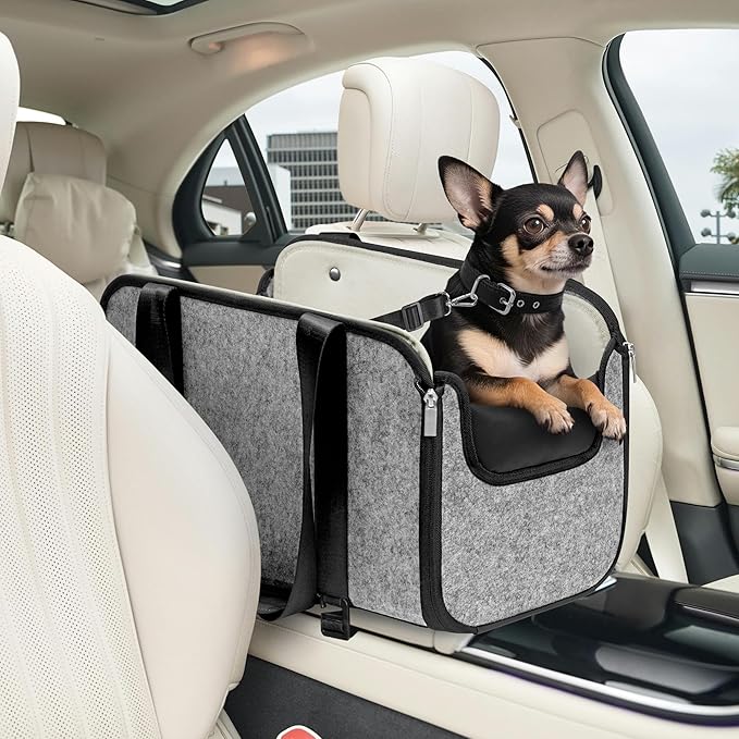 YUDODO Large Dog Car Seat for Center Console (Width＞9in) Fits 0-18lbs, Anti-Slip Puppy Cat Travel Portable Booster Seat, Portable Pet Car Bed Carseat Dual Front & Rear Pillow Gray