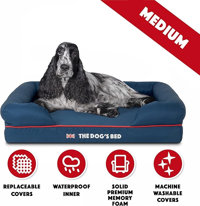 The Dog’s Bed Orthopedic Dog Bed Medium Blue Oxford with Red Trim UK Flag Dog Bed, Memory Foam, Pain Relief, Post Surgery, Lameness, Waterproof Washable Cover Cover, Veterinary Approved