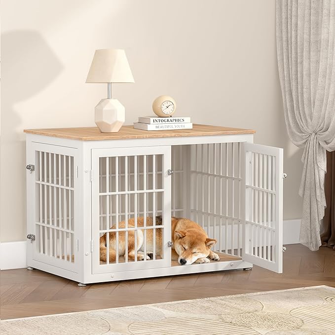 38 Inch Heavy Duty Dog Crate Furniture for Large and Medium Dogs, Decorative Pet House End Table, Wooden Cage Kennel Furniture Indoor, Natural and White