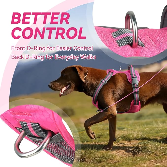 VIVAGLORY Dog Harness Easewalk No Pull Dog Harness with Handle & Front Back Clip for Training Lifting, Easy On Adjustable Padded No Pull for Pet & Puppy, L, Pink
