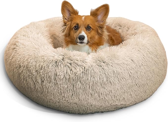 Best Friends by Sheri The Original Calming Donut Dog Bed – Washable Plush Pet Bed for Medium Breeds up to 45 lbs, Shag Faux Fur, Taupe, Medium (30" x 30")