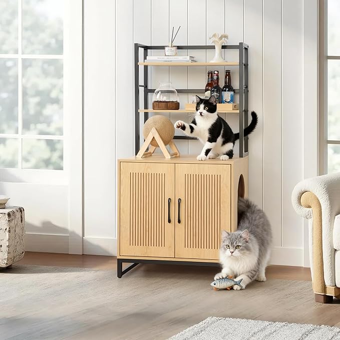 Cat Litter Box Enclosure with 2 Storage Shelves, 2-in-1 Large Hidden Wooden Pet House Furniture with Scratching Mat/Feeding Station/House Condo, Cat Cabinet with Barn Door for Entrance (Shelves)