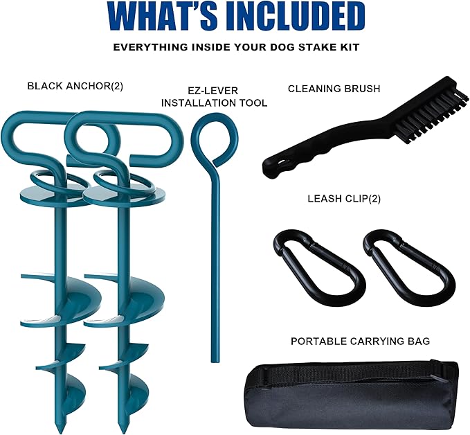 Eurmax USA Dog Tie Out Stake Triple Lock Heavy Duty Dog Anchor for Large Dogs Trampoline Stakes Dog for Yard and Outdoor Dog Runner Install & Travel Kit Included,2-Pack(Navy Blue)