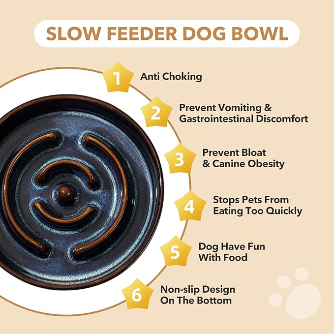 Ceramic 1.6 Cup Raised Slow Feeder Dog Bowl Set, Elevated Acacia Wood Stand for Medium and Large Dog, 8.2inch Slow Dish, Stop Bloat(Single Bowl+ Stand, Starry Sky)