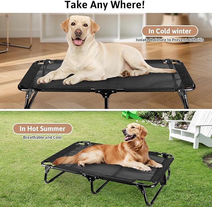 Foldable Elevated Dog Bed, 43"x23"x7"Raised Pet Bed with No Setup, Outdoor DogBed with Breathable Mesh, No-Slip Feet Camping Dog Cots Bed for Large Sized Dogs, Black
