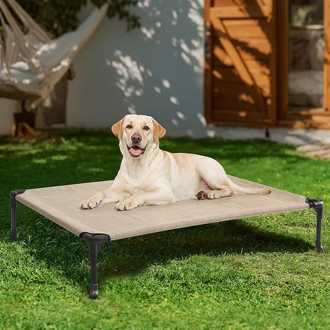Veehoo Outdoor Elevated Dog Bed Large Sized Dogs, Cooling Raised Dog Cot Off Ground Hammock Pet Beds with Breathable Mesh, No-Slip Feet, 42"x30", Beige Coffee