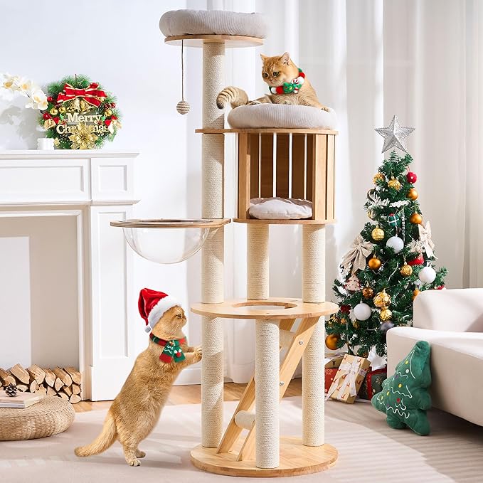 797Audio Solid Wood Cat Tree, 61" Large Modern Tall Cat Tower with Sisal Scratching Posts, Cat Condo, Capsule and Ladder, Aesthetic Multi-Level Cat Climbing Tree for Large Adult Indoor Adult Cats