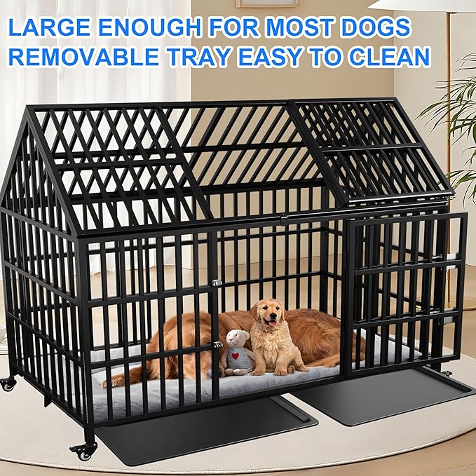 Heavy Duty Dog Crate 58 inch Durable Pet Dog Cage Crate Kennel with Roof Top 2 Doors Removable Trays Lockable Wheels Escape-Proof for High Anxiety Large/Extra Large Dogs Breeds