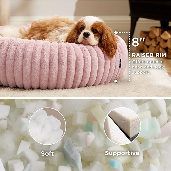 Bedsure Donut Medium Dog Bed - Washable Faux Fur with Corduroy Fleece & Anti Slip Bottom, Round Pet Bed with Removable Cover, Blush Pink, 30x30x8 inches