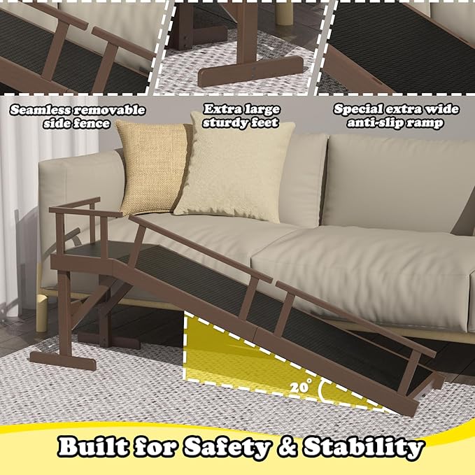 20" Height Dog Ramp for Bed, 61" Long Large Pet Ramp with Non-Slip Surface, Wooden Dog Ramp with Removable Rail & Rest Platform, Also as Dog Stairs for Small Senior Dogs with Glow Strips, Brown