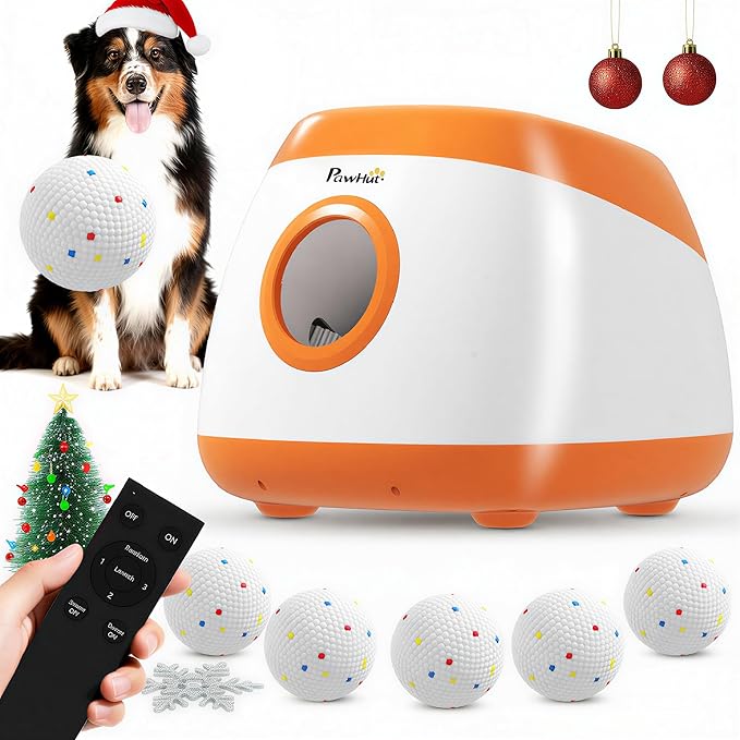 PawHut Automatic Dog Ball Launcher, 26-79 FT Adjustable Distance, Rechargeable Dog Ball Thrower with 6 ETPU Tennis Fetch Toys 2.5", Low Noise, Remote Control, for Medium to Large Breeds, Orange