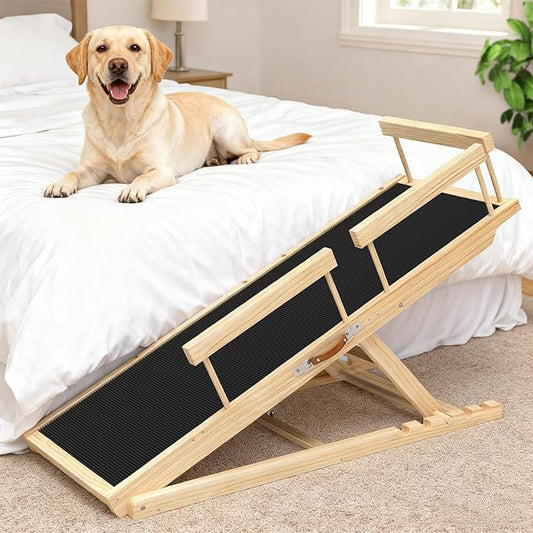 Dog Ramp for Couch, Bed or Car, Wooden 55" Long Pet Stairs for Small & Large Old Dogs & Cats, Hold up to 250lb, 6 Adjustable Height from 19.68" to 27.55" Portable Doggie Steps, Excellent Traction