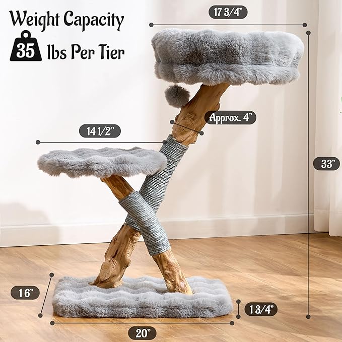 Natural Wood Cat Tree for Indoor Cats Adults, 33in Modern Cat Tree Tower with Super Soft Plush Cat Bed & Perch, Sisal Scratching Posts and Hanging Plush Ball, Frost Gray
