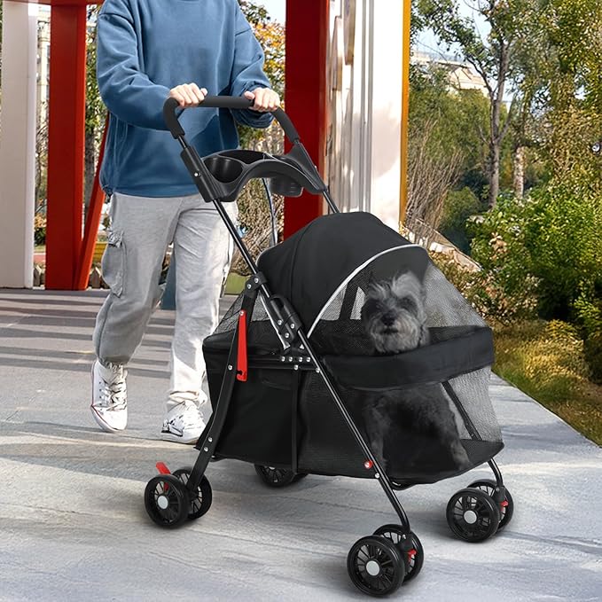 Pet Strollers,4 Wheels Outdoor Travel Pet Folding Stroller, Outdoor Travel Folding Stroller, Dog Cat Cage Carrier with Cup Holder, Breathable and Visible Mesh for Medium Small Dog