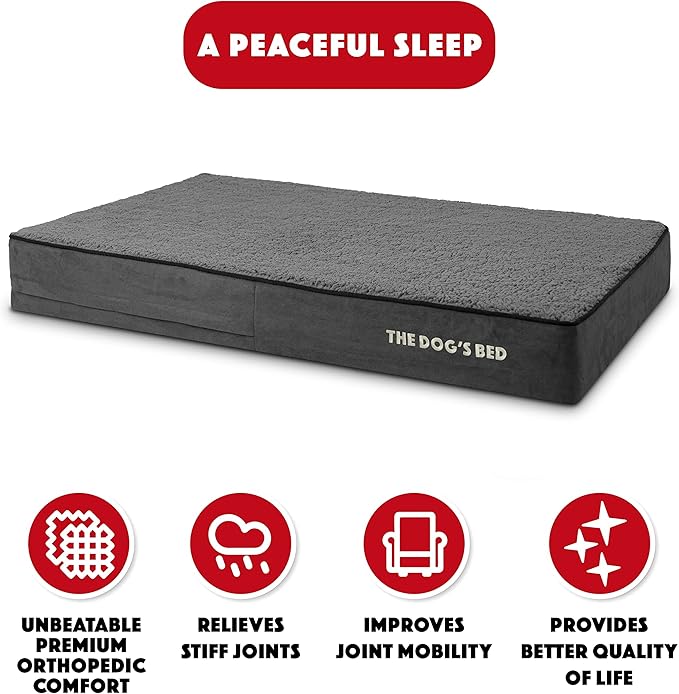 The Dog’s Bed Orthopedic Memory Foam Dog Bed, XL Grey Plush, Pain Relief for Arthritis, Hip & Elbow Dysplasia Post Surgery, Lameness, Supportive Calming, Waterproof Washable Cover, Veterinary Approved