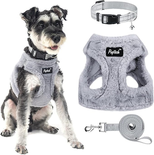 PUPTECK Adjustable Dog Harness Collar and Leash Set Step in No Pull Pet Harness for Small Medium Dogs Puppy and Cats Outdoor Walking Running, Soft Mesh Padded Reflective Vest Harnesses, Plush Grey S