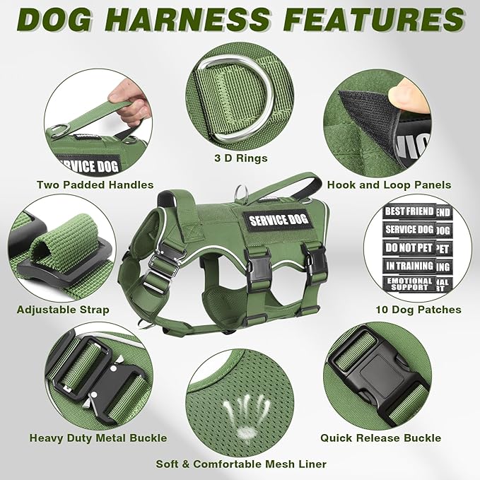 Tactical Service Dog Vest Harness and Leash Set,Heavy Duty Dog Harness with Metal Buckles for Large Dogs,Adjustable No Pull Pet Vest with 10 Patches,for Training Working Hiking,Green XL
