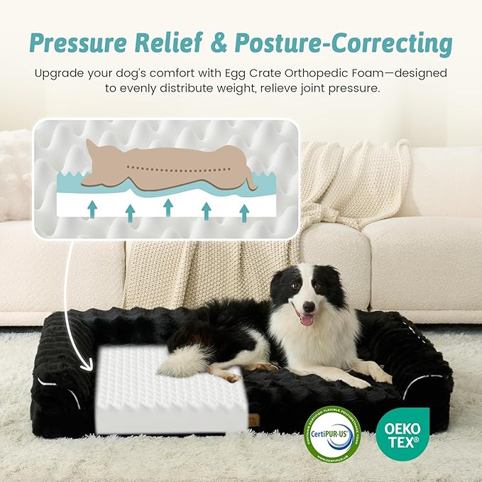 Faux Fur Orthopedic Dog Bed, Extra Large Dog Bed, Supportive Foam Pet Sofa with Waterproof Lining Cover, Washable U-Shaped Pet Couch with Anti-Slip Bottom Design, Black XXL 48x32x8 inch